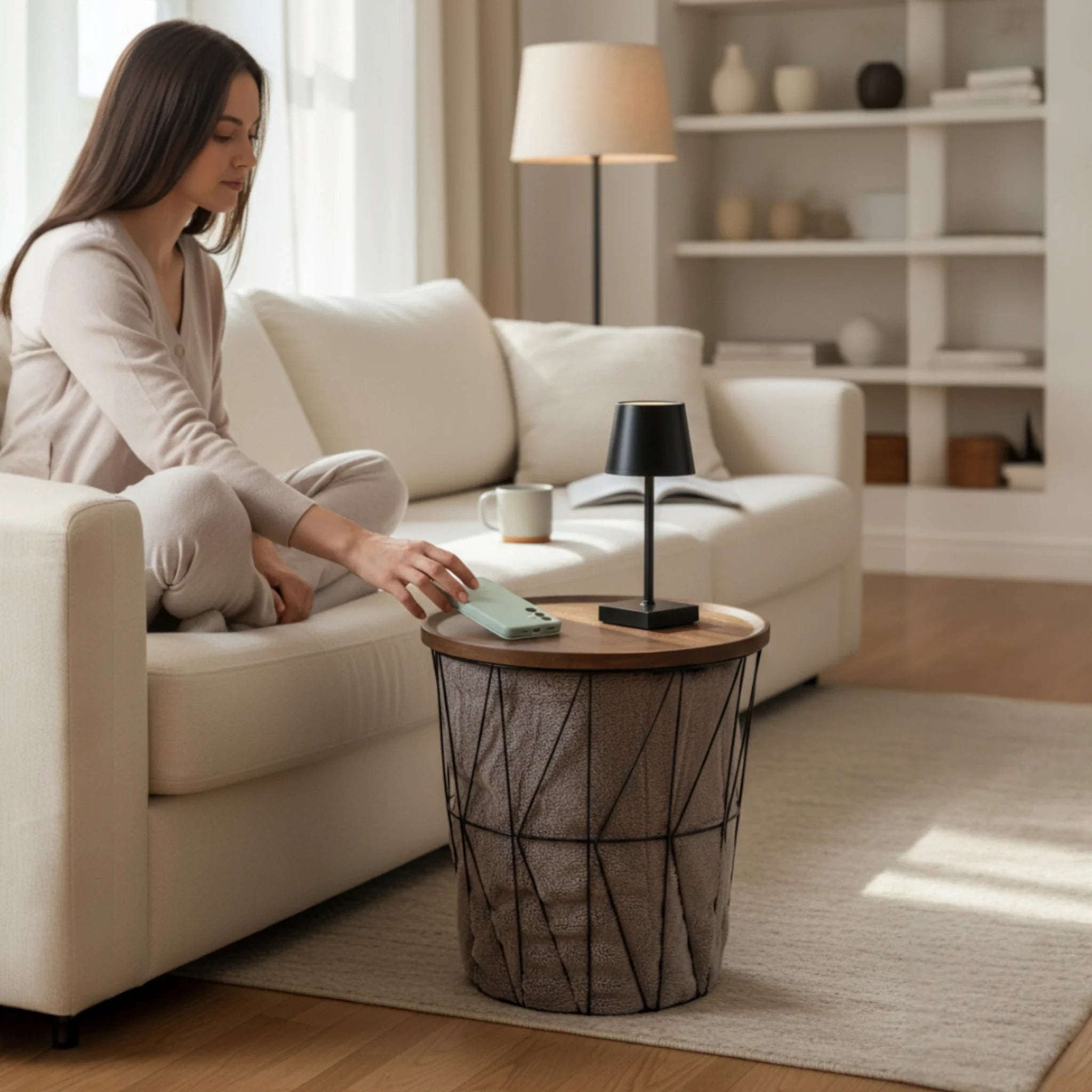 Beistelltisch Couchtisch Stauraumtisch Metalltisch mit Holzplatte Nussbaum schwarz 37x39