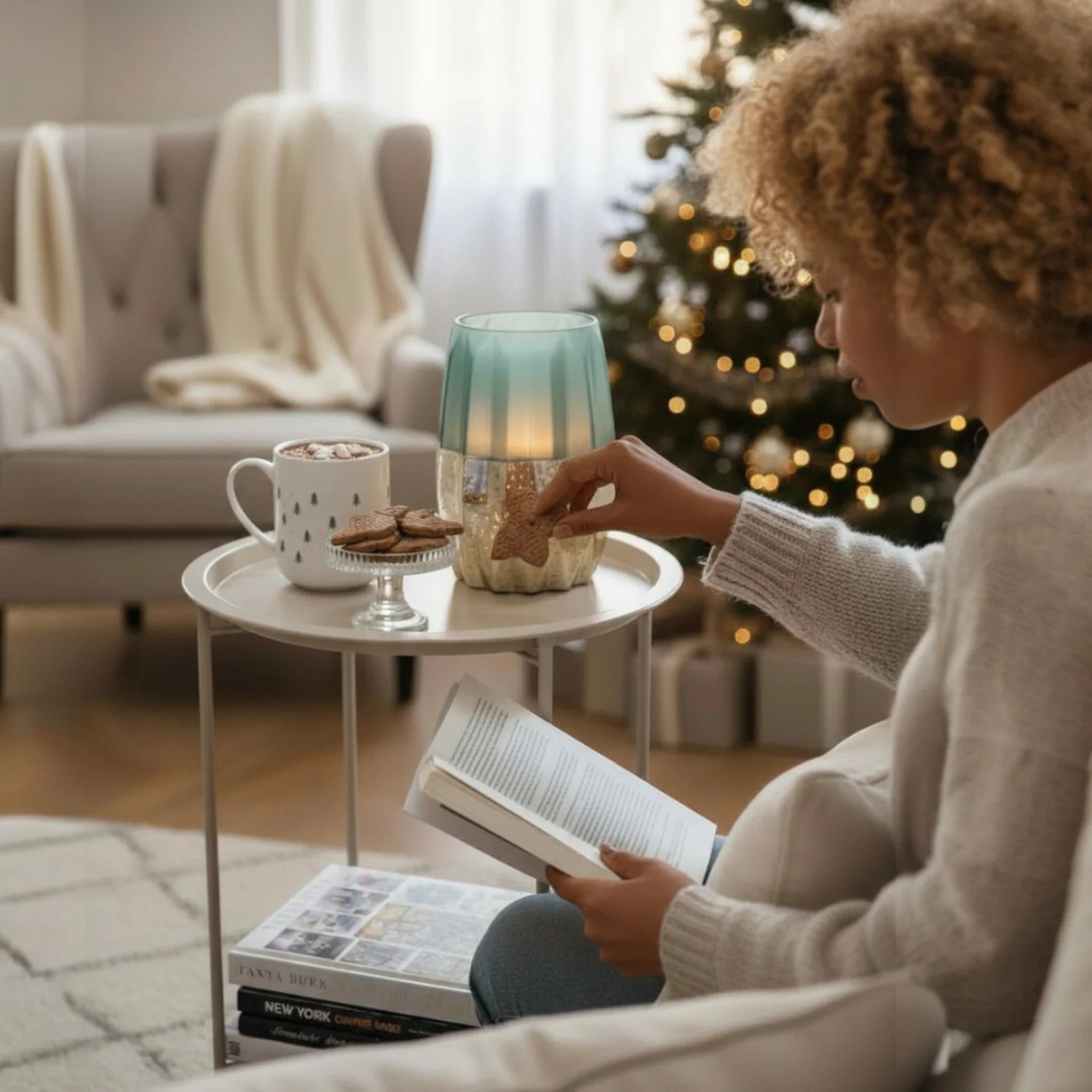 Beistelltisch Metalltisch beige rund 37x42 cm mit Tablett Tisch Ablagefläche Couchtisch